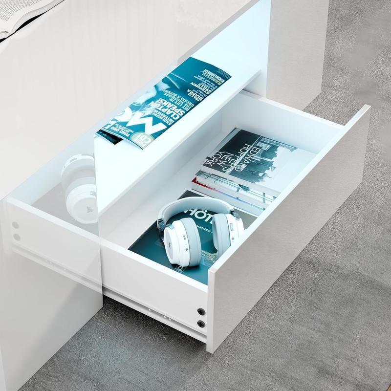 Coffee Table with 2 Drawer Storage, High Gloss Coffee Table for Living Room Wooden Centre Table with RGB Led Lights Rectangle Tea Table for Living Room Furniture, White 4