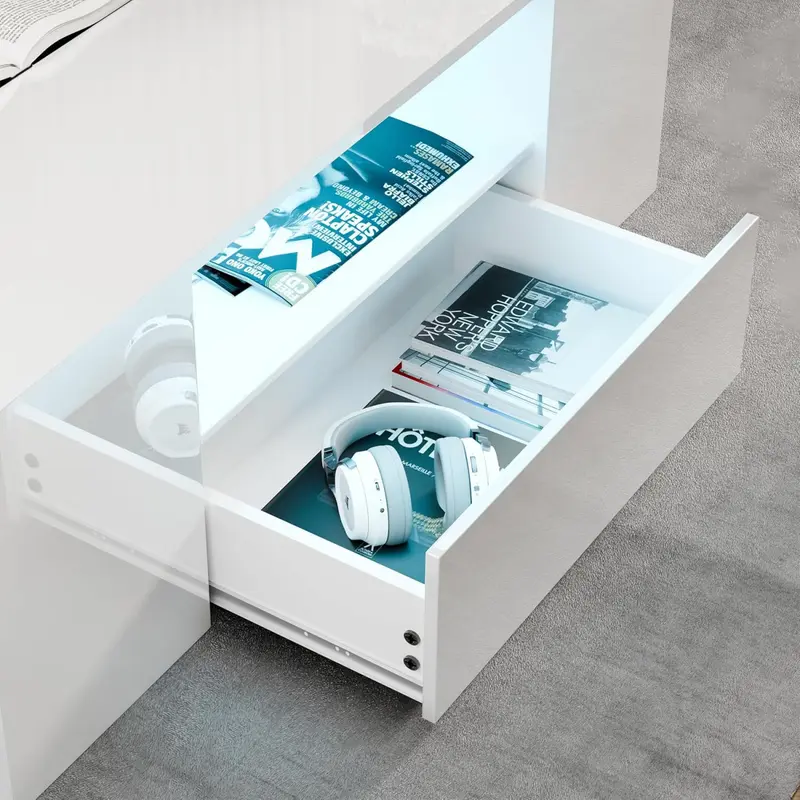 Coffee Table with 2 Drawer Storage, High Gloss Coffee Table for Living Room Wooden Centre Table with RGB Led Lights Rectangle Tea Table for Living Room Furniture, White 4