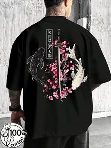 Unisex 100% Cotton Koi Fish Samurai Sword Cherry Blossom Print Oversized T-Shirt | Japanese Ukiyo-E Y2K Streetwear Top