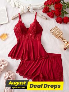 Women's Solid/Leopard Print Cami Top & Lace Trim Shorts Pyjama Two-piece Set, Casual Comfy Camisole & Shorts PJ Set, Ladies Sleepwear for All Seasons