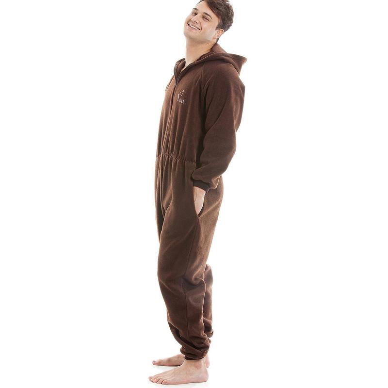 Mens Brown Supersoft Fleece Zip Front Hooded Onesie 2