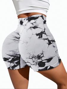 Women's Tie Dye Print Ruched High Waist Sports Shorts, Sporty Comfy Breathable Skinny Shorts for Gym Workout Running, Gym Shorts, Lady Sportswear for All Seasons, Gym Wear, Athletic Shorts, Gymclothes, Activewear Shorts, Yoga Clothes