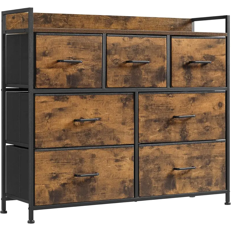 SONGMICS Chest of Drawers, Bedroom Cabinet, 7 Fabric Drawers with Handles, Metal Frame, Rustic Brown and Ink Black LTS137B01 0