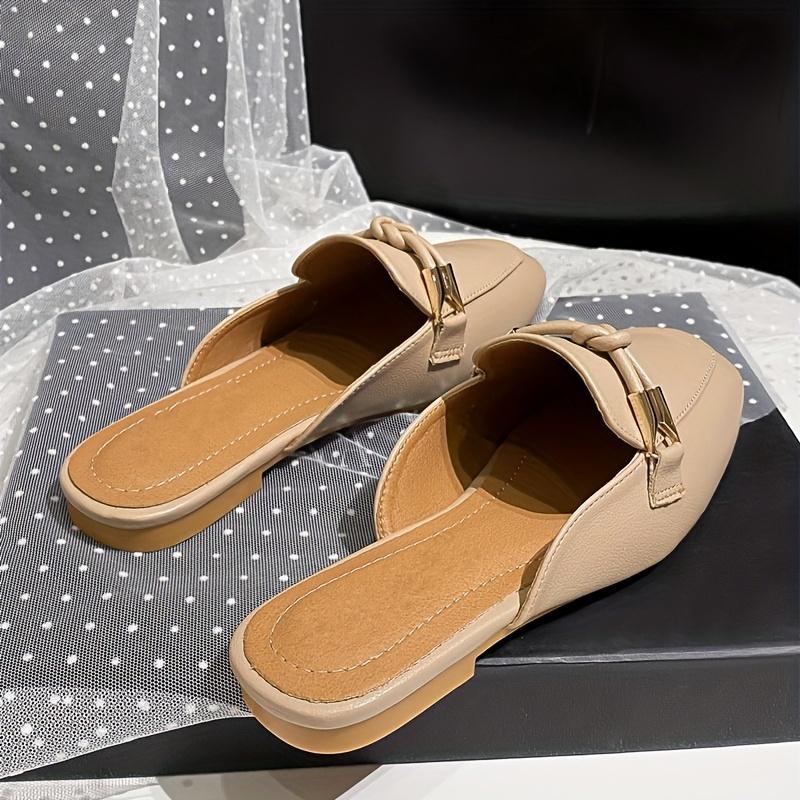 Elegant Beige Slip-On Mules for Women - Casual Square Toe Flat Sandals with Braided Detail, Breathable Faux Cover, Versatile All-Season Footwear 7