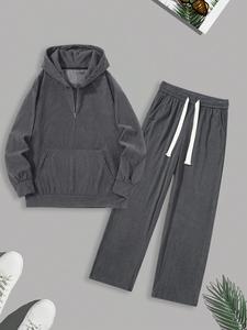 Men's Solid Half Zip Hoodie & Straight Leg Pants Set, Casual Fashion Cozy Breathable Outfits for Daily Outdoor Wear, Men Clothes for Fall & Winter