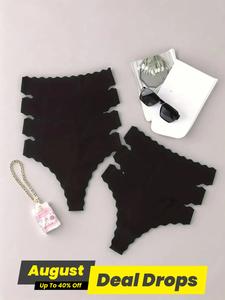 Women's 7pcs Solid Scallop Trim Thong, Basic Soft Fit Comfy Breathable Panty for Lady Daily Wear, Underwear for All Seasons, Everyday Underwear for Women, Womenswear