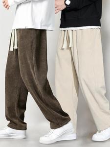 Men's Solid Drawstring Waist Corduroy Pants, Casual Comfy Pocket Straight Leg Trousers for Fall & Winter, Men's Bottoms for Daily Wear