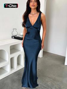 Women's Plain Satin Dress, Elegant V Neck Sleeveless Evening Party Gown, Ladies Summer Clothes, Floor Length Silk Dressing Gown