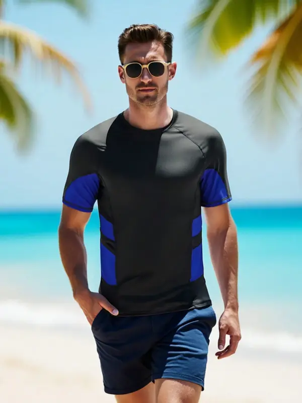 Manfinity Men's Vacation Beach Color Block Short Sleeve Surfing Swim Rashguard 0