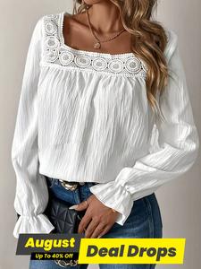 Women's Plain Contrast Lace Flounce Sleeve Blouse, Casual Chic Minimalist Square Neck Long Sleeve Top for Spring & Fall, Women's Clothing for Daily Wear, Womenswear, Longsleeves Soft Top Women, Elegant Classy Tops, Boho Style Shirt