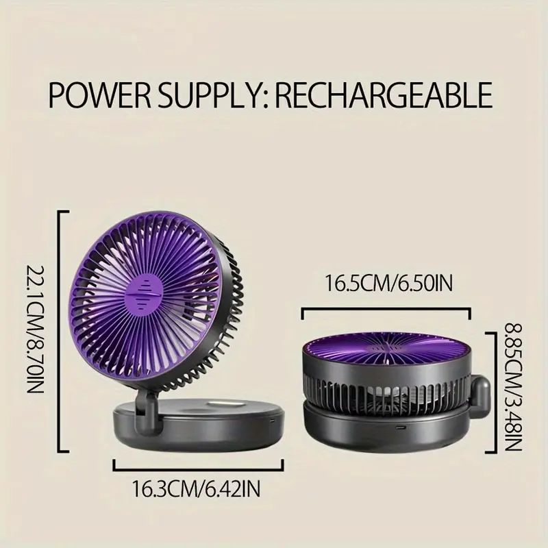 1pc 3-in-1 Rechargeable Circulation Fan - Versatile & Compact, Foldable Desktop/Wall Mount Fan with 4 Adjustable Speeds, Quiet Brushless Motor, Warm Night Light Feature, Includes Traceless Hook - Ideal for Office, Home, Outdoor Use, Portable Fan 5