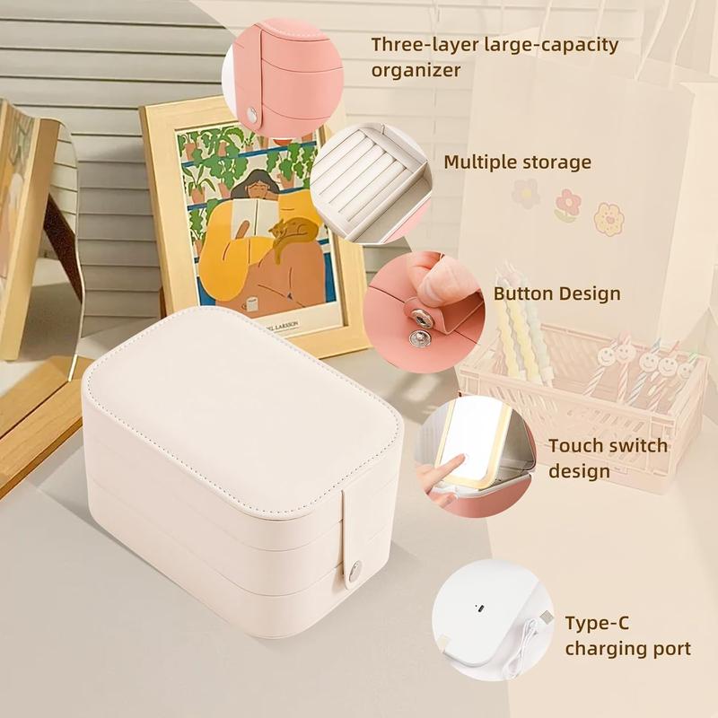 Product Introduction of Cosmetic Bag with LED Mirror 3 layers, Travel Makeup Bag with 3 Colours Led Illuminated Mirror Portable Travel Jewellery Makeup Organiser Mirror Makeup Case with Dividers for Women 18