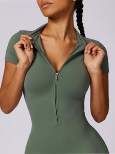 Women's Solid Zipper Mock Neck Sports Jumpsuit, Summer Outfits 2024, Casual Sporty High Waist Quick Drying Jumpsuit for Yoga Gym Workout, Ladies Summer Sportswear