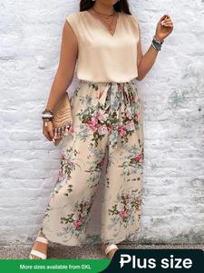 【Plus Size】 Plain Sleeveless Top & Floral Print Wide Leg Pants Set, Boho Casual Notched Neck Top & Pants for Daily Holiday Vacation Wear, Women's Matching Clothing Set for Summer, Casual Outfits Women, Womenswear
