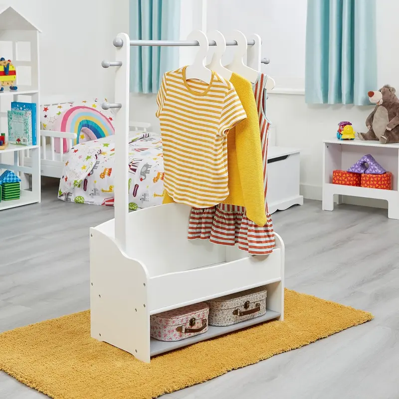 Liberty House Toys Kids Hanging Rail with Extra Storage, Kids Clothes Rail, Wooden Hanging Rail with Storage, Toddler, Kids Dress Up Rail, White and Grey 1