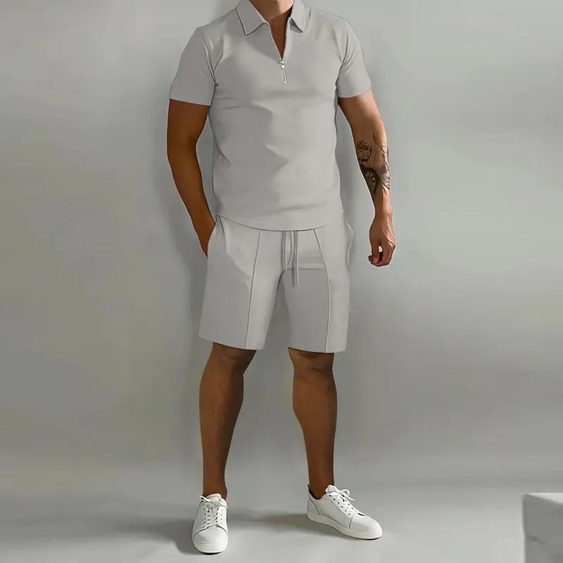 Polo Shirts For Men Adult Designer Navy Black Khaki Gray Polo Shirt Shorts Drawstring Set Summer Light And Breathable Men'S Suit Soft Loose Solid Colour Simple Hawaiian Style Menswear Overalls Fashion Business Men'S Short-Sleeved Shirt Zip Lapel Top Human
