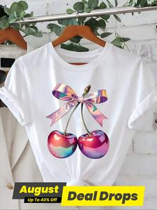 Women's Cherry Print Short Sleeve Crewneck Pajama Tee, Casual Round Neck T-shirt for Daily Wear, Ladies Sleepwear for All Seasons, Loose Tops, Womenswear, Casual Everyday Wear