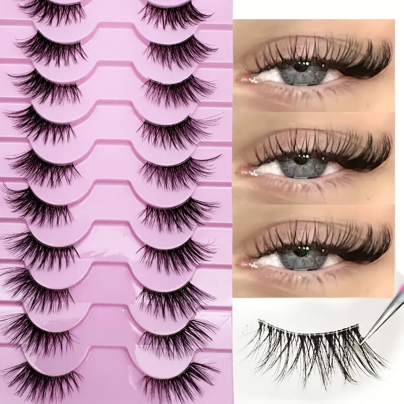 10 Pairs Cat Eye Fluffy False Eyelashes - C Curl, Reusable & Beginner-Friendly, Natural Look Clear Strip Half Lashes, 10-15mm, Perfect for Dramatic Eye Enhancement