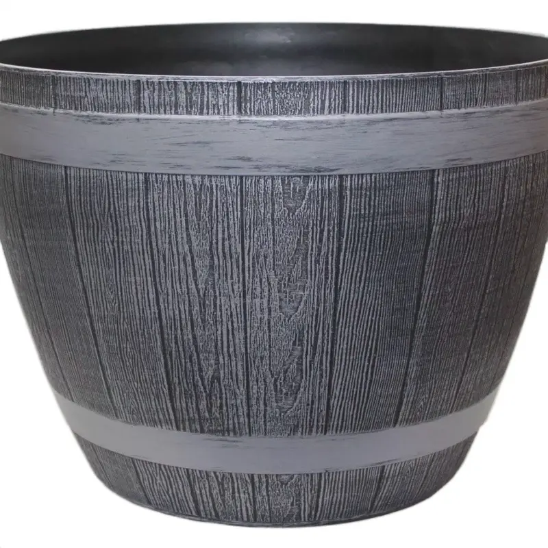 Grey Wooden Barrel Planter for Outdoor Garden - Round Plastic Pot for Flower and Tree 5