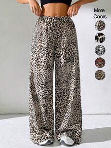 Women's Leopard Print Drawstring Waist Wide Leg Pants, Casual Comfy Trousers for Spring & Fall, Women's Bottoms for Daily Wear, Boho Chic Trousers, Bohemian Trousers