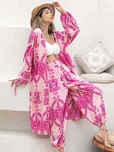 Women's Baroque Tie Cuff Bishop Sleeve Open Front Kimono & Shirred High Waist Harem Pants, Summer Outfits 2024, Boho Beach Holiday Vacation Outfits