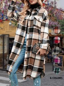 Women's Colorblock Plaid Print Button Front Drop Shoulder Coat, Casual Long Sleeve Collared Pocket Coat for Fall & Winter, Women's Clothing for Daily Wear