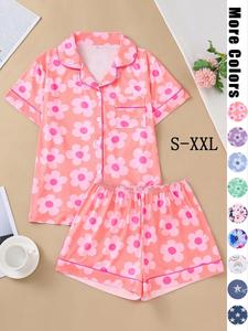 Lgbtq+ Women's Lapel Neck Button Front Shortsleeve Shirt & Elastic Waist Shorts Pyjama Set, Lady Casual Comfortable Elegance Pocket Short Sleeve Sleep Top & Shorts Pj Set, Pajama Sets, Fabric, Floral Print Set, Homewear, Summer Pajamas Set