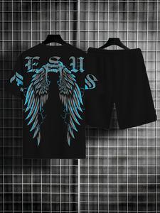 Men's Angel Wing Print Short Sleeve Tee & All Over Print Shorts Two-piece Set, Men's Summer Clothes Set for Outdoor