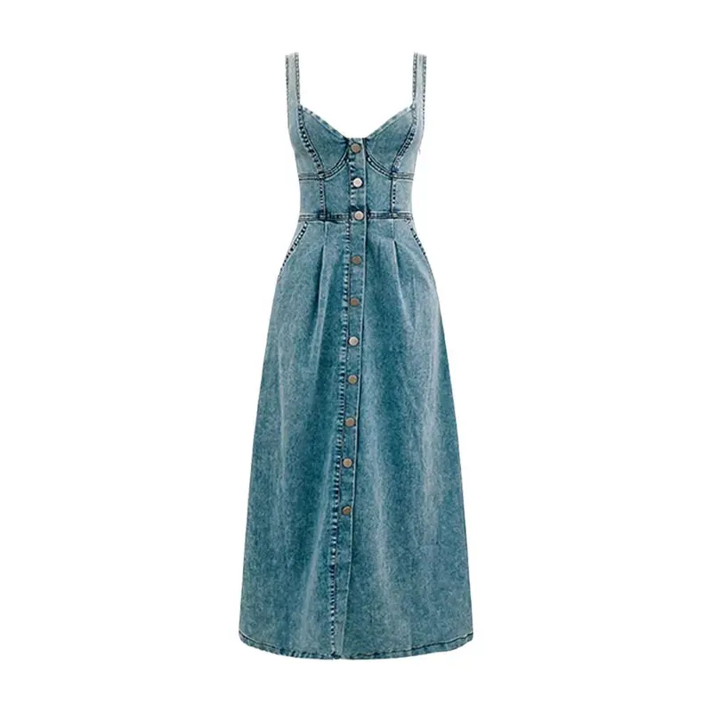 Women Dress Denim Long Dresses Sling Sleeveless V Neck Elegant Splice Single Breasted Slim Fit High Waist Backless Vestidos 6
