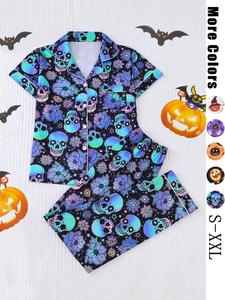 【Halloween】Women's Halloween Pajama Set, Soft Comfortable Fabric, Casual Style, Short Sleeve Button Front Top & Elastic Pants, All Seasons Wear