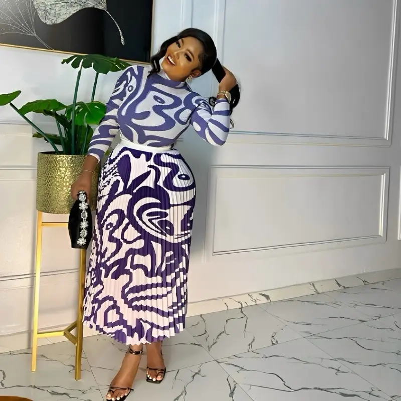 Women's Floral Two Piece Skirt Set - Long Sleeve Top and Mid-length A-line Skirt - Casual, Comfortable, Dress, Elegance, Comfort, Outfit 4