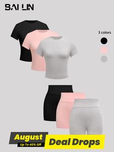 Women's Solid Round Neck Shortsleeve Tee & Skinny Shorts Set, Casual Fashion Style Soft Basic Yoga Clothes Set, Matching Set, Womenswear, Summer Clothing, Minimalist Workout Sets Women, Lady Casual Summer Outfits Set
