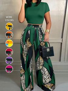 Women's Solid Mock Neck Tee & Leopard Print Pants Set, Casual Fashion Cozy Short Sleeve Top & Wide Leg Trousers for Daily Outdoor Wear, Ladies Lounge Clothes for All Seasons, Bold and Chic Leopard Print Pants Set, Garment, Womenswear