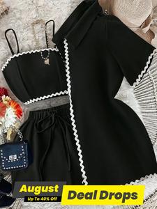 Three-piece Set Women's Contrast Trim Crop Top & Short Sleeve Top & Shorts, Casual Fashion Outfits for Daily Wear, Ladies Summer Clothes, Cute Set Outfits, Womenswear, Casual Matching Set, Shorts Sets, Vintage Set