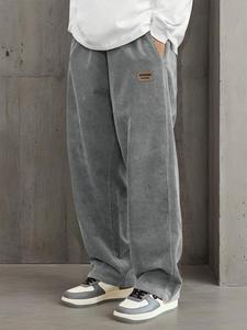 Men's Letter Patched Drawstring Waist Corduroy Pants, Loose Casual Comfy Pocket Straight Leg Trousers for Fall & Winter, Men's Bottoms for Daily Wear