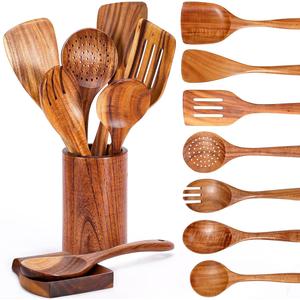 Wooden Cooking Utensils Set, 9 Counts/set Including Spoon Holder & Spatula & Spoon & Fork & Spoon Rest, Kitchen Cooking Utensils Set for Home Use
