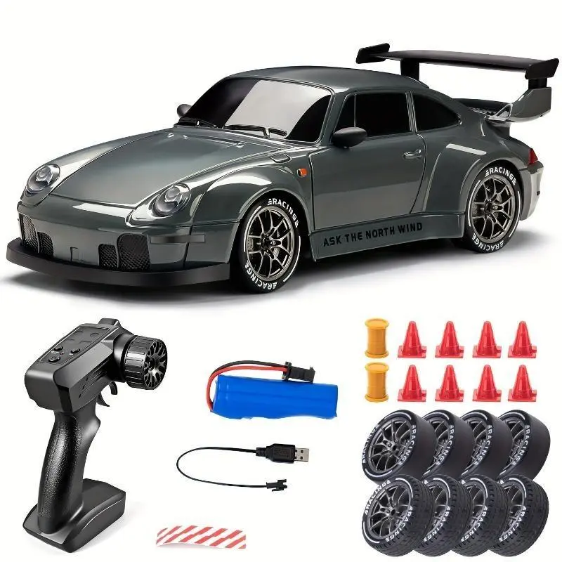 1:24 Scale Drift Car Remote Control Toy, 2.4GHz 4WD with Flashing Lights, Tires & Roadblock Tools, USB Rechargeable Lithium Battery, Push Button Control, Ideal Gift for Boys & Girls - Birthday, Halloween, Christmas