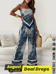 Two-piece Set Women's All Over Print Cami Top & Wide Leg Pants, Boho Sleeveless Top & Trouser for Beach Vacation Holiday, Ladies Summer Clothes
