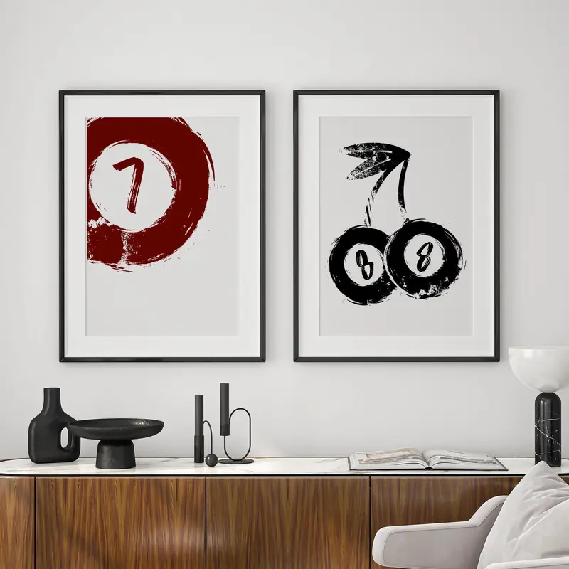 8 ball cherry - pool print: unique billiards decor, vintage style pool poster, black & white home decor, game room wall art, modern art 1