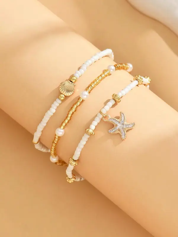 3pcs/Set Women Simple White Rice Bead/Faux Pearl Beaded Anklet With Golden Starfish & Seashell Charms, Suitable For Daily Wear And Vacation 5