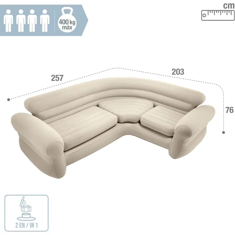 Inflatable Waterproof Flocked Top Surface Corner Living Room Air Mattress, Sectional Sofa Couch for Any Rec Room, Game Room, or Dorm Room 257 X 203 X 76 CM - Beige 3