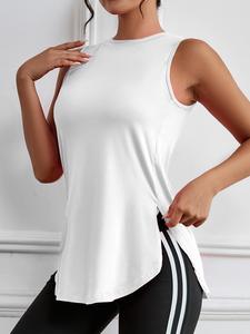 Women's Solid Split Hem Sports Vest, Sporty Round Neck Sleeveless Top for Yoga Gym Workout, Ladies Sportswear for All Seasons