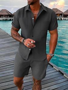 Men's Solid Short Sleeve Shirt & Shorts Satin Set, Regular Fit Casual Button Down Collared Shortsleeve Top & Shorts, Men Summer Outfits Set for Vacation Holiday Beach, Menswear, Formal Wear