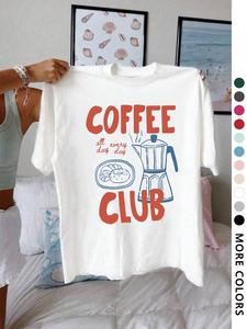Women's Coffee Machine & Letter Print Round Neck Graphic Tee, Vintage Trendy Casual Short Sleeve T-shirt for Daily Wear, Ladies Summer Outfit, Tops