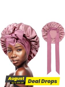 Pink Color Satin Bonnet Ruched Design Sleeping Bonnet with Ribbon Fashion Hair Accessories for Women & Girls