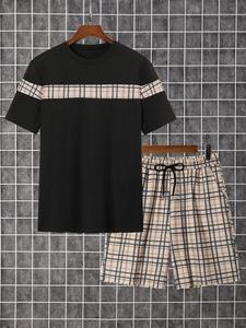 Men's Plaid Print Shortsleeve Tee & Drawstring Waist Shorts Two-piece Set, Regular Fit Casual Fashion Cozy Round Neck T-shirt & Pocket Shorts for Daily Outdoor Wear, Men's Clothing for Summer, Menswear