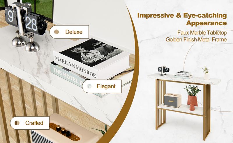 Product Introduction of COSTWAY 2-Tier Console Table, Modern Faux Marble Narrow Hall Desk Sofa Side Table, 120cm Long Slim Display Accent Table for Entryway, Living Room, Bedroom and Foyer (White+Black) 15