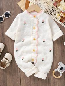Baby's Floral Embroidered Button Front Cable Knit Sweater Onesie, Cute Cozy Long Sleeve Round Neck Jumpsuit for Baby Girls, Newborn Infant Kids Fall & Winter Clothes, Baby Clothing