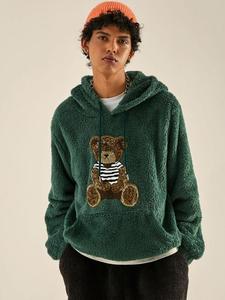 Men's Cartoon Bear Print Thermal Lined Hoodie, 1 Count Casual Loose Long Sleeve Hooded Sweatshirt for Fall & Winter, Men's Clothes for Daily Wear