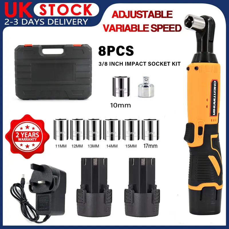 380Nm Electric Cordless Right Ratchet 3/8'' 90 Angle Wrench Power 2 Battery Kit  UK 0